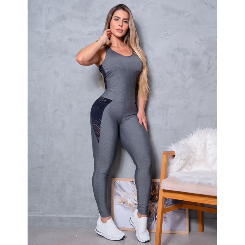 Macacão Fitness Empina Bumbum Longo com Bolsos e Tela nas Laterais