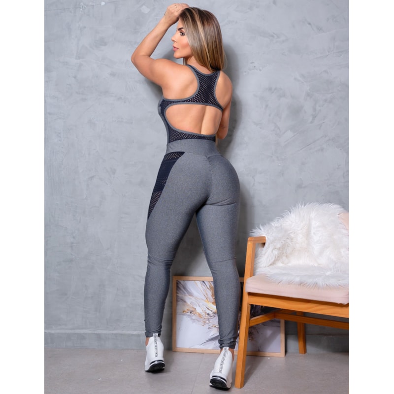 Macacão Fitness Empina Bumbum Longo com Bolsos e Tela nas Laterais
