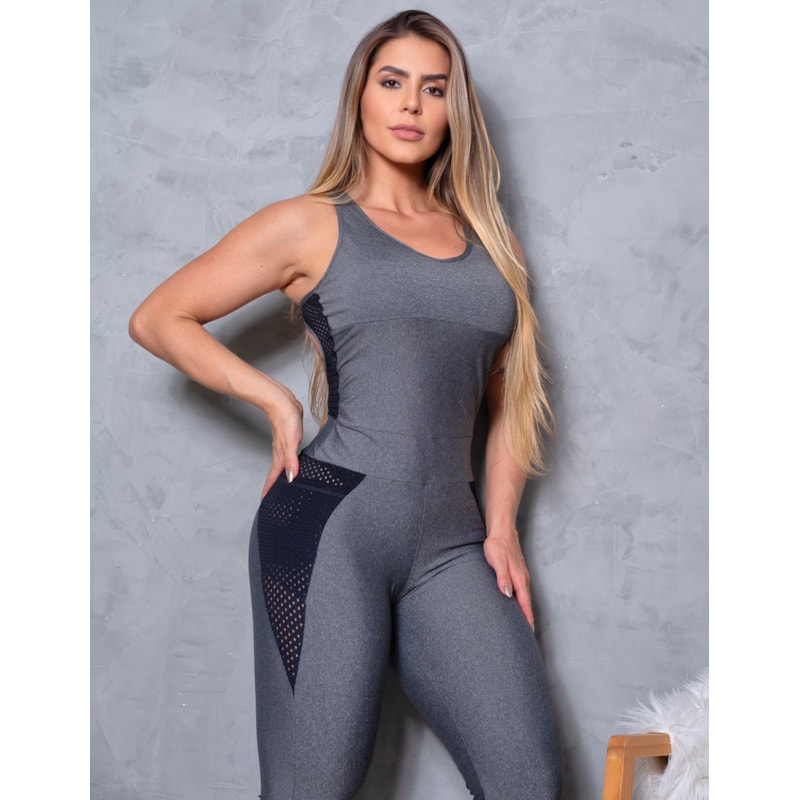 Macacão Fitness Empina Bumbum Longo com Bolsos e Tela nas Laterais