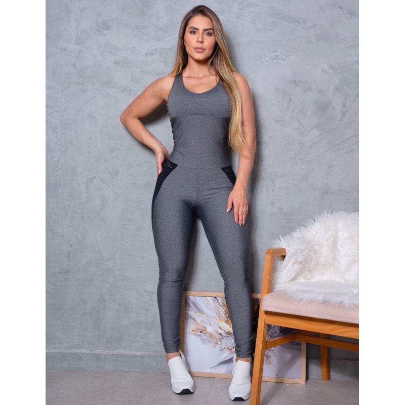 Macacão Fitness Empina Bumbum Longo com Bolsos e Tela nas Laterais