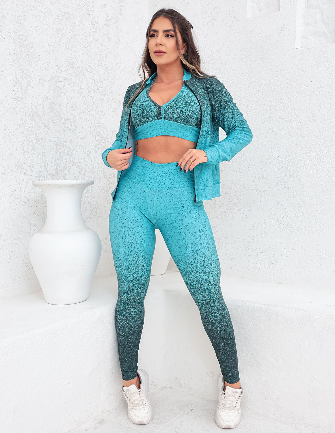 Trio Conjunto Legging Top e Casaco Bomber Roupa de Academia Fitness Inverno