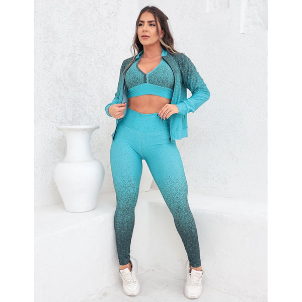 Trio Conjunto Legging Top e Casaco Bomber Roupa de Academia Fitness Inverno