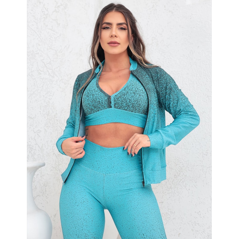 Trio Conjunto Legging Top e Casaco Bomber Roupa de Academia Fitness Inverno