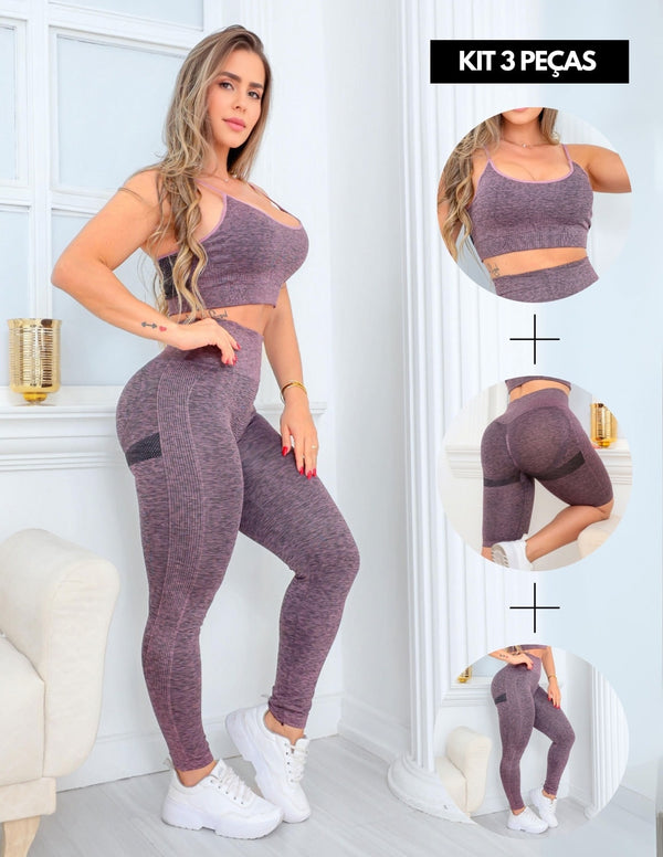 Trio Conjunto Feminino Empina Bumbum com Top Alcinha Calça Cintura Alta e Bermuda Ciclista