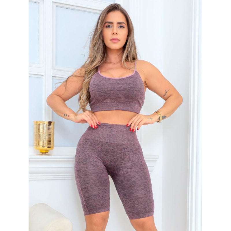 Trio Conjunto Feminino Empina Bumbum com Top Alcinha Calça Cintura Alta e Bermuda Ciclista
