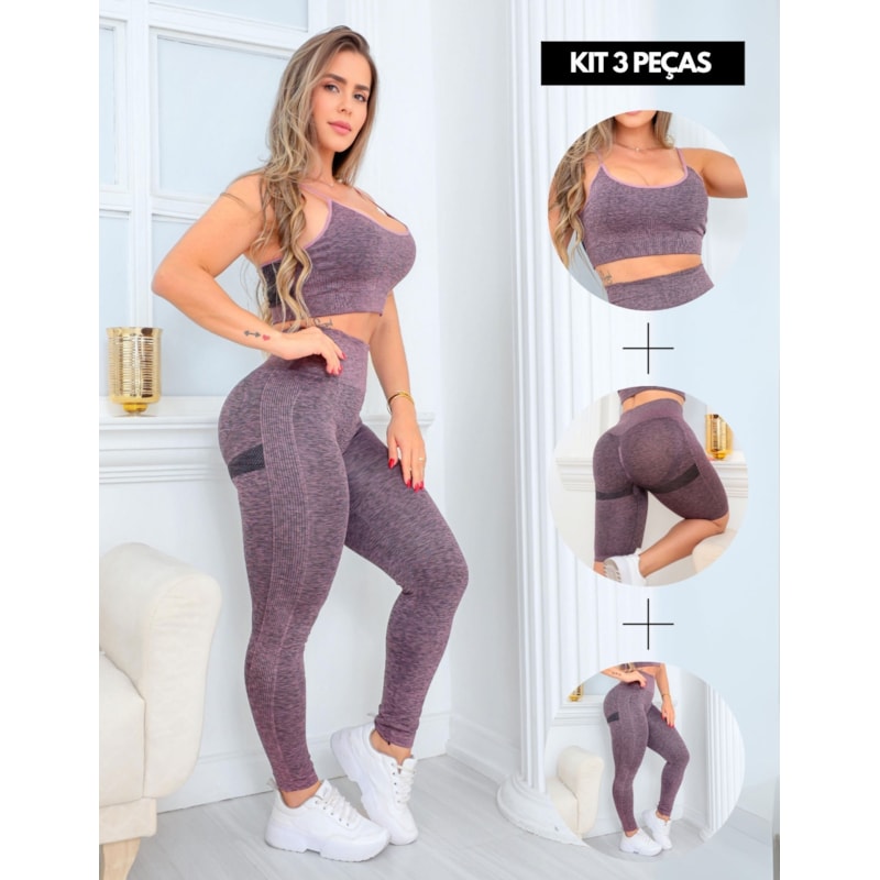 Trio Conjunto Feminino Empina Bumbum com Top Alcinha Calça Cintura Alta e Bermuda Ciclista