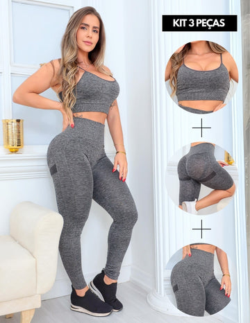 Trio Valoriza Bumbum com Top Alcinha Calça e Bermuda Ciclista Cintura Alta