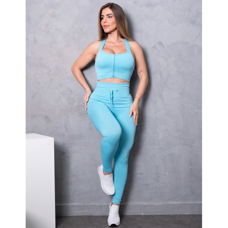 Conjunto Esportivo com Calça e Cropped sem Bojo com Zíper Frontal em Poliamida Canelada