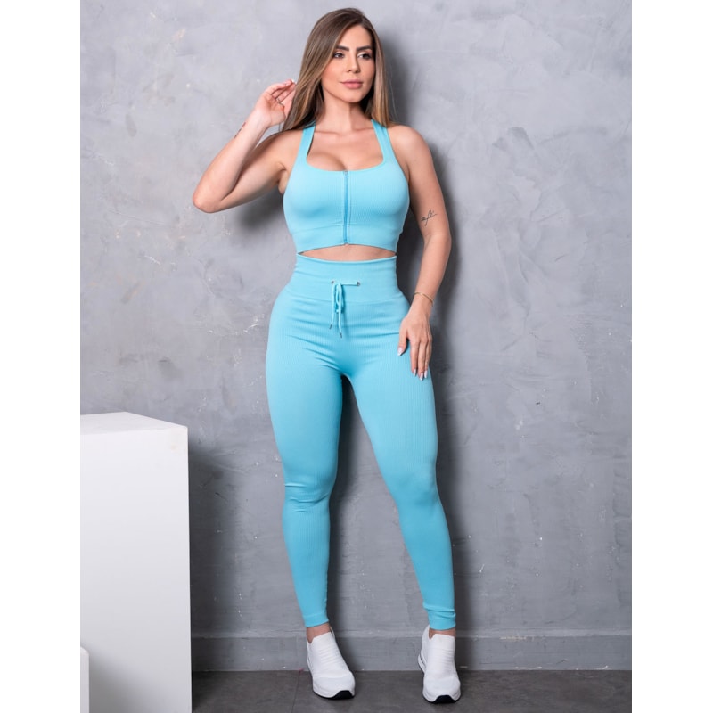 Conjunto Esportivo com Calça e Cropped sem Bojo com Zíper Frontal em Poliamida Canelada