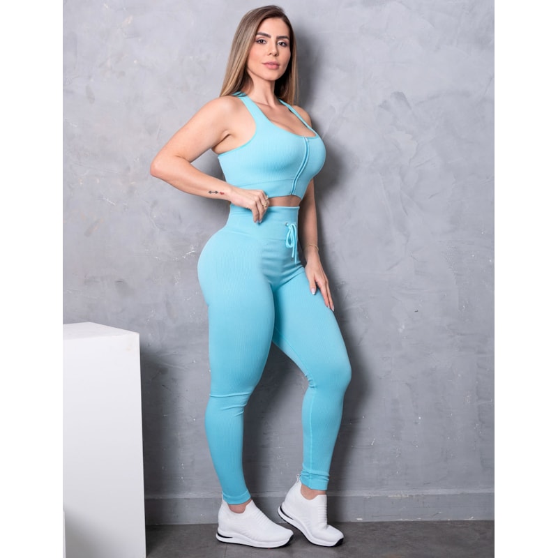 Conjunto Esportivo com Calça e Cropped sem Bojo com Zíper Frontal em Poliamida Canelada