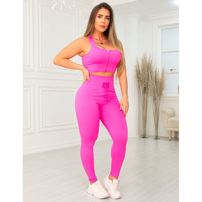 Conjunto Feminino em Poliamida Canelada Empina Bumbum Legging e Cropped com Zíper Frontal