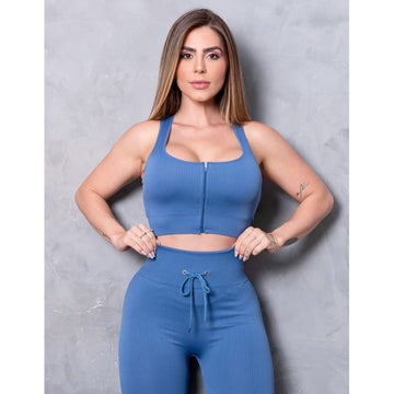 Look Feminino em Poliamida Canelada Com Legging Empina Bumbum e Cropped Sem Bojo com Zíper