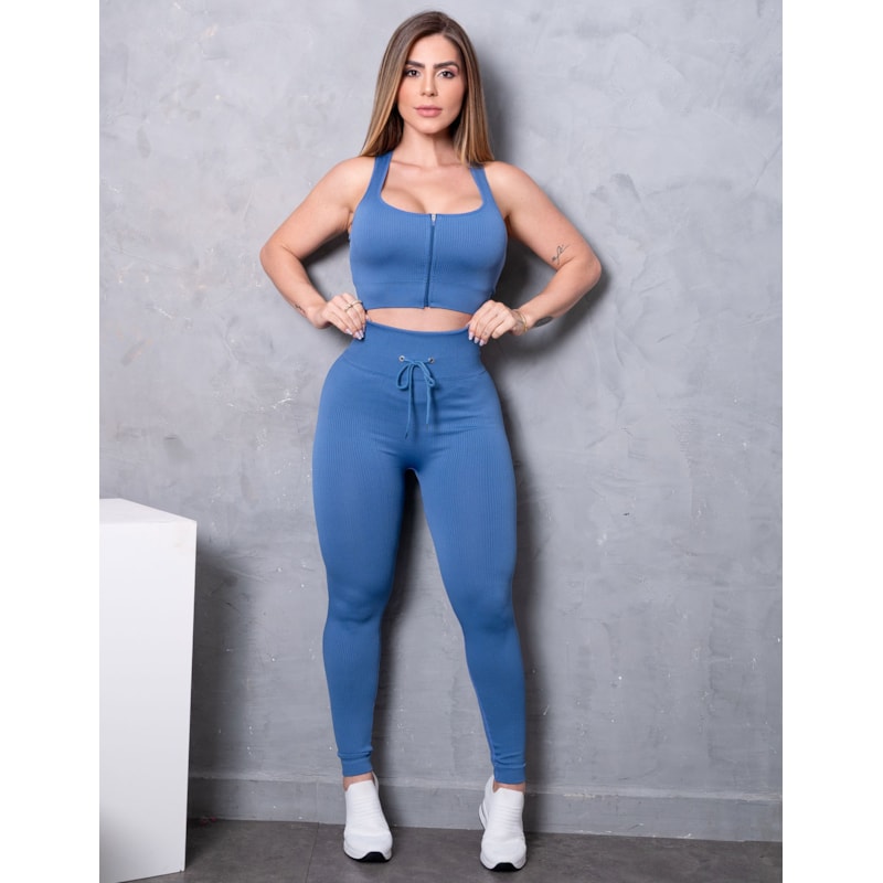 Look Feminino em Poliamida Canelada Com Legging Empina Bumbum e Cropped Sem Bojo com Zíper