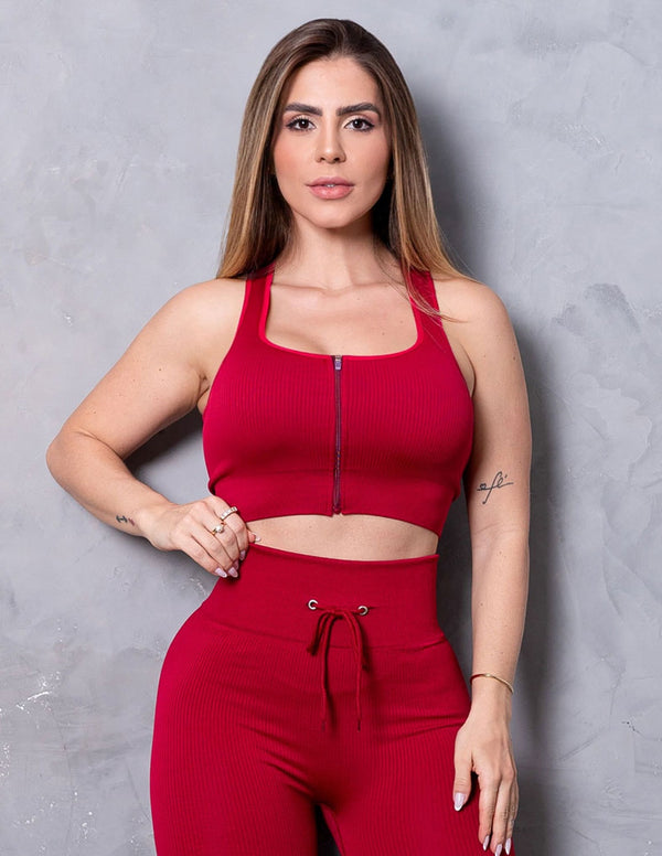 Look Feminino Valoriza Bumbum Cropped sem Bojo com Zíper e Calça em Poliamida Texturizada