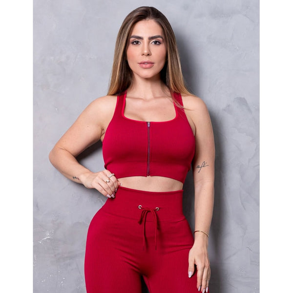 Look Feminino Valoriza Bumbum Cropped sem Bojo com Zíper e Calça em Poliamida Texturizada