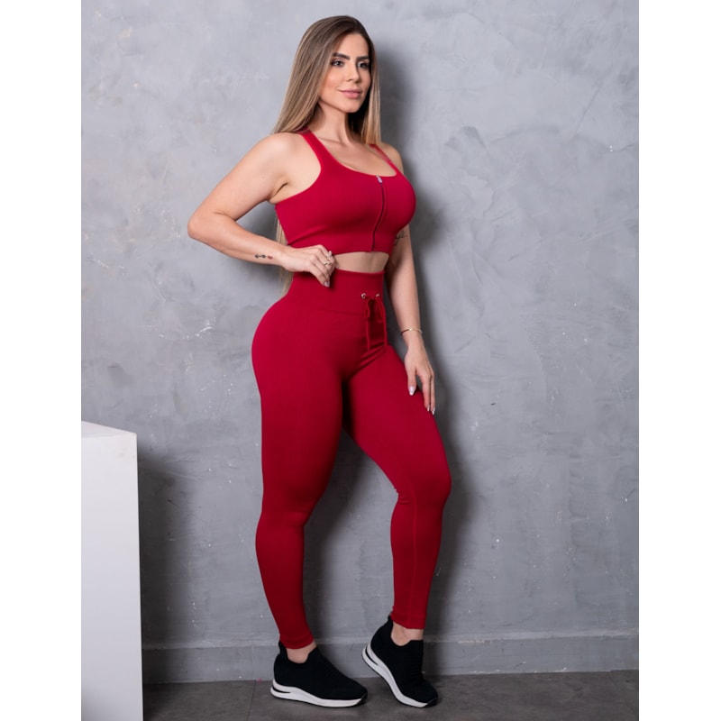 Look Feminino Valoriza Bumbum Cropped sem Bojo com Zíper e Calça em Poliamida Texturizada