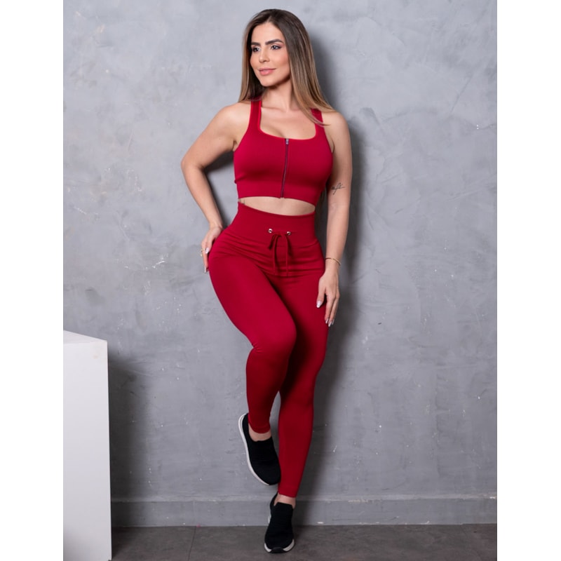Look Feminino Valoriza Bumbum Cropped sem Bojo com Zíper e Calça em Poliamida Texturizada