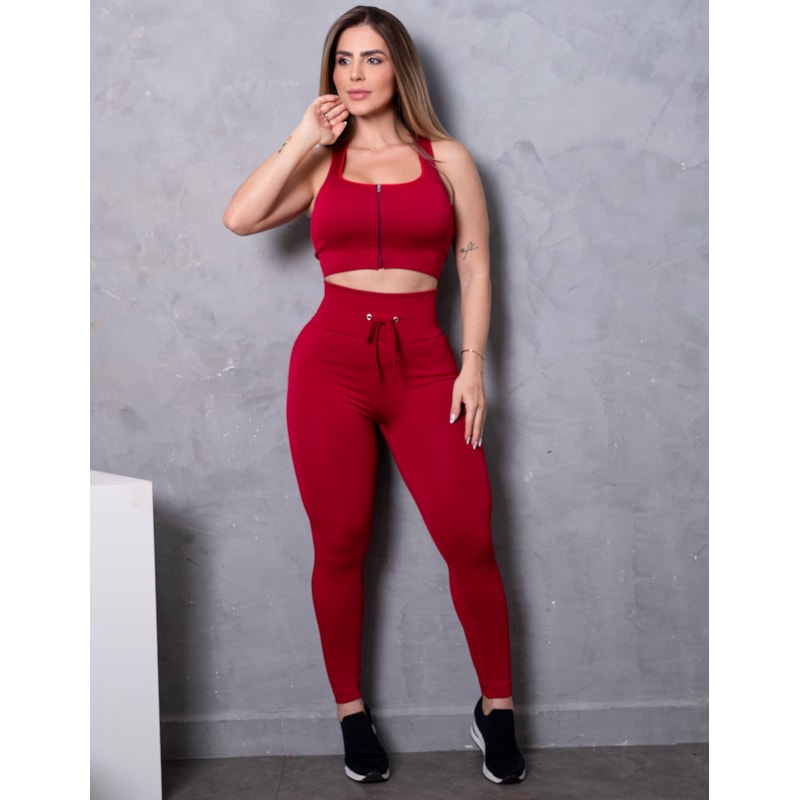 Look Feminino Valoriza Bumbum Cropped sem Bojo com Zíper e Calça em Poliamida Texturizada