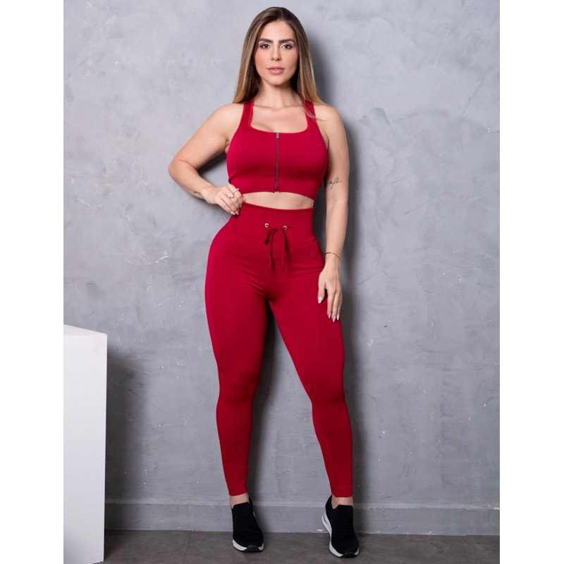 Look Feminino Valoriza Bumbum Cropped sem Bojo com Zíper e Calça em Poliamida Texturizada