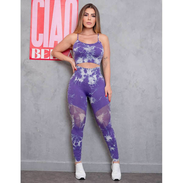 Conjunto Esportivo Tie Dye Poliamida Academia Com Top sem Bojo e Legging Sem Costura Empina Bumbum