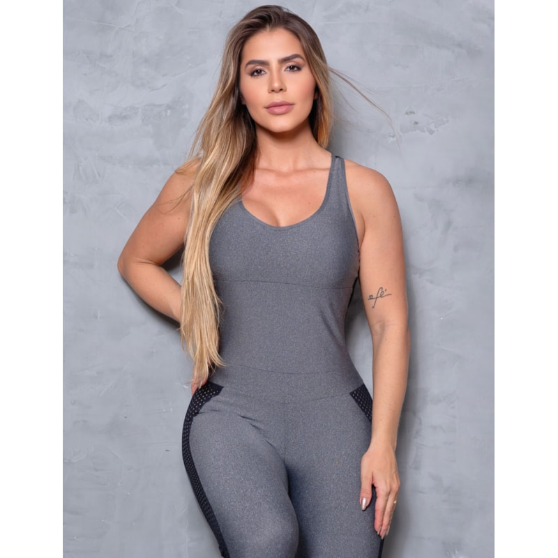 Macacão Feminino Fitness Longo com Recortes de Tela e Bojo Removível