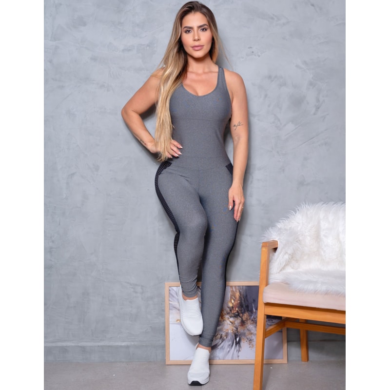 Macacão Feminino Fitness Longo com Recortes de Tela e Bojo Removível