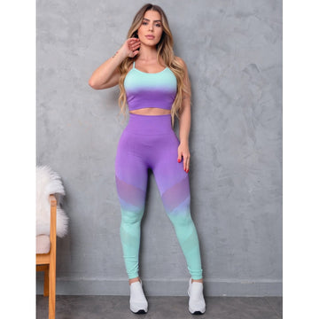 Conjunto Empina Bumbum Seamless Poliamida Degradê Colorido Sem Costura Calça e Cropped sem Bojo