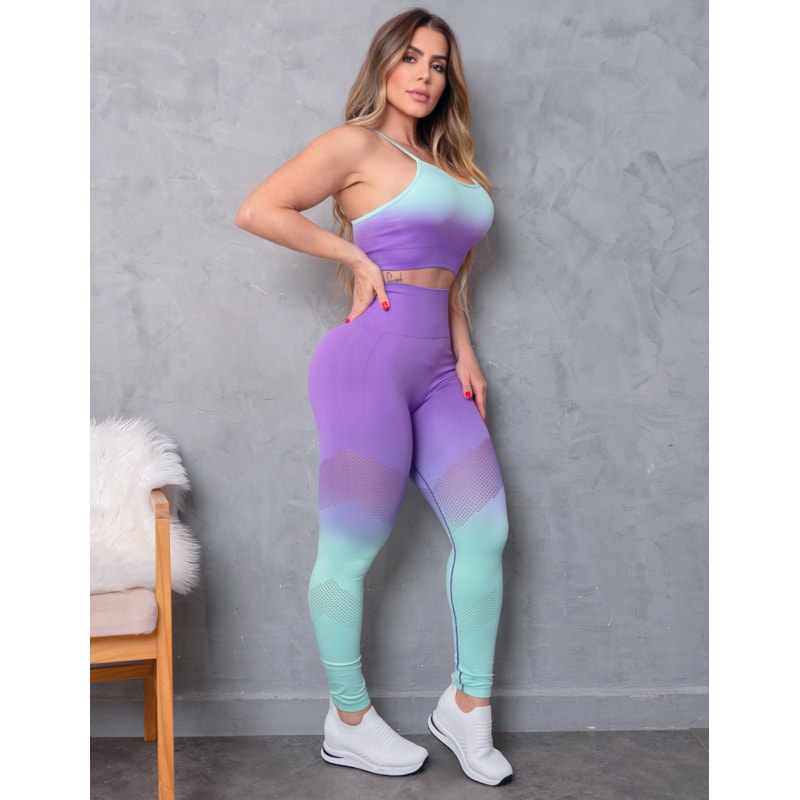 Conjunto Empina Bumbum Seamless Poliamida Degradê Colorido Sem Costura Calça e Cropped sem Bojo