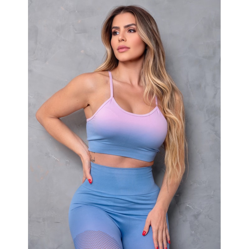 Look Feminino em Poliamida Degradê sem Costura Calça Empina Bumbum e Cropped sem Bojo