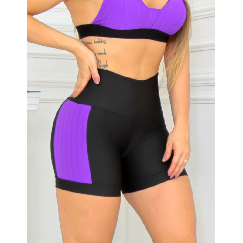 Conjunto Feminino Fitness com Top e Short com Recortes em Zig de Poliamida