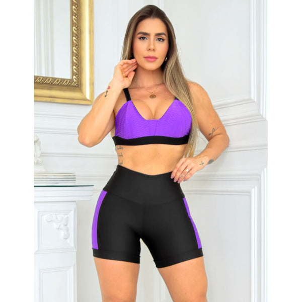 Conjunto Feminino Fitness com Top e Short com Recortes em Zig de Poliamida