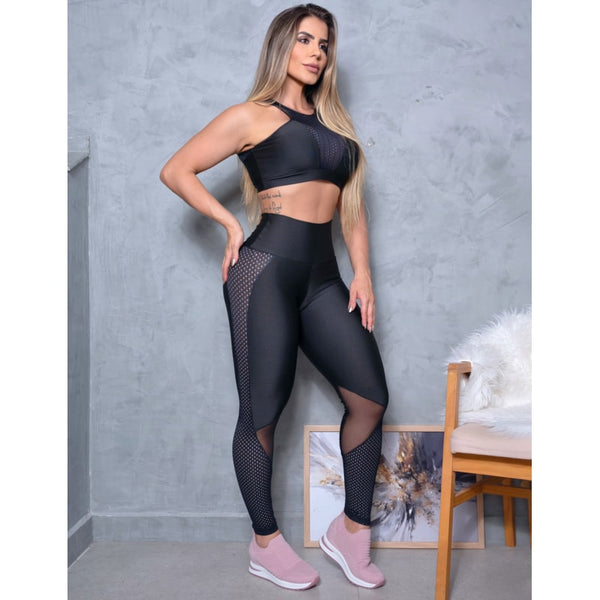 Conjunto Feminino com Cropped sem Bojo e Calça com Tela de Poliamida
