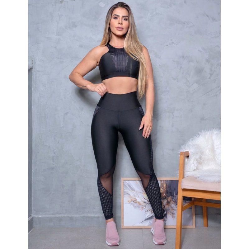 Conjunto Feminino com Cropped sem Bojo e Calça com Tela de Poliamida