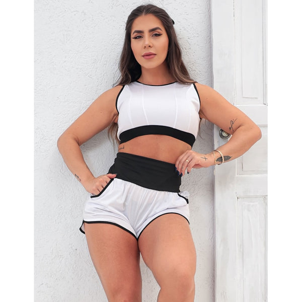 Conjunto Feminino Dry Fit Short com Bolsos e Cropped sem Bojo para Academia