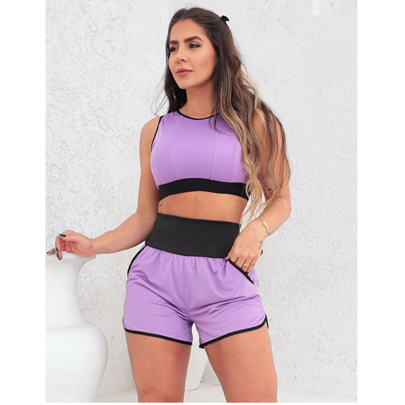 Conjunto Feminino Running Esportivo Short com Bolsos e Cropped sem Bojo  em Dry Fit