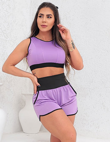 Conjunto Feminino Running Esportivo Short com Bolsos e Cropped sem Bojo  em Dry Fit