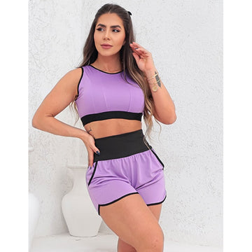 Conjunto Feminino Running Esportivo Short com Bolsos e Cropped sem Bojo  em Dry Fit