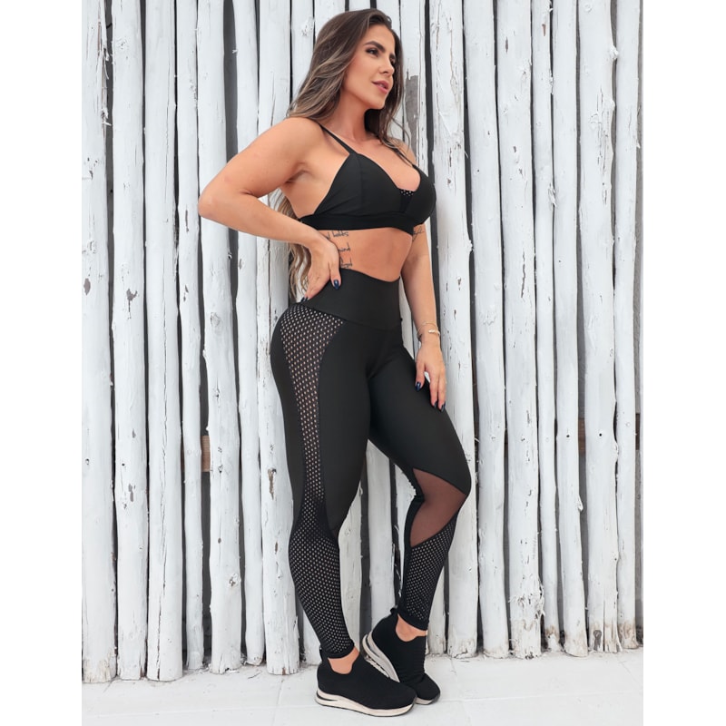 Conjunto Feminino Fitness Calça com Tule e Top com Bojo Removível