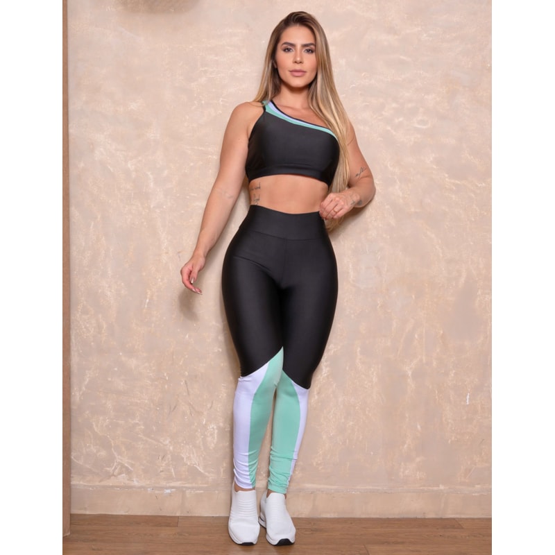 Conjunto Fitness Feminino Cintura Alta e Cropped Ombro Só com Recortes Modernos
