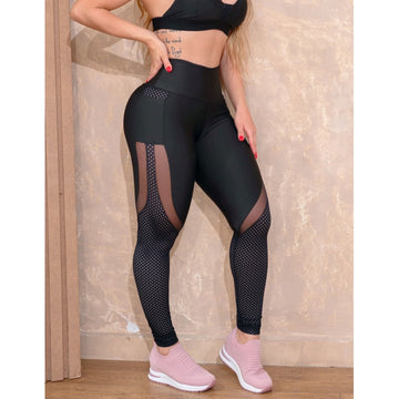 Calça Legging Feminina com Bolsos e Recortes de Tule e Telas nas Pernas