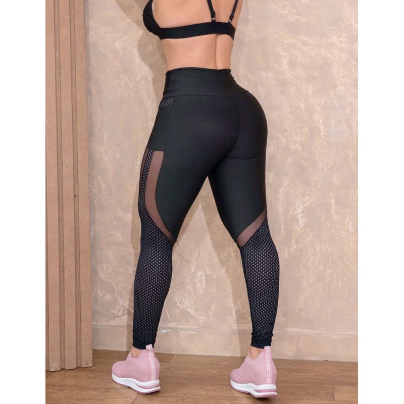 Calça Legging Feminina com Bolsos e Recortes de Tule e Telas nas Pernas