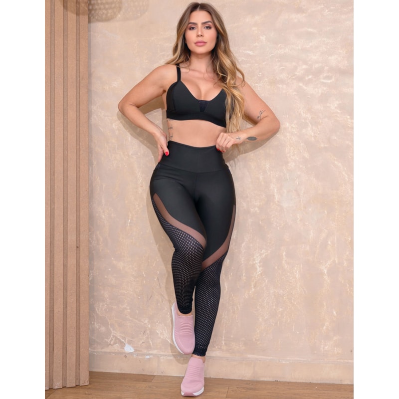 Calça Legging Feminina com Bolsos e Recortes de Tule e Telas nas Pernas