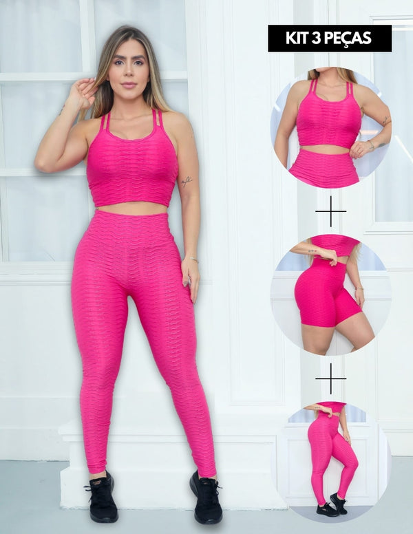 Kit com 3 Peças Calça Legging Bolha Short Cintura Alta e  Top Alcinha Cruzada de Academia Fitness