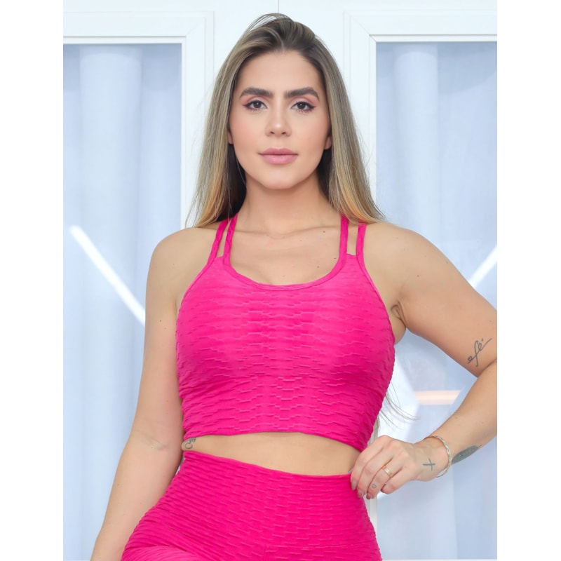 Kit com 3 Peças Calça Legging Bolha Short Cintura Alta e  Top Alcinha Cruzada de Academia Fitness