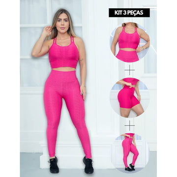Kit com 3 Peças Calça Legging Bolha Short Cintura Alta e  Top Alcinha Cruzada de Academia Fitness