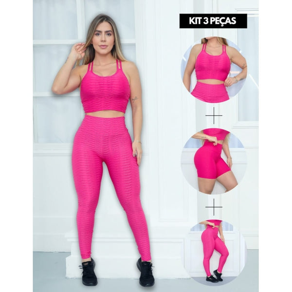 Kit com 3 Peças Calça Legging Bolha Short Cintura Alta e  Top Alcinha Cruzada de Academia Fitness