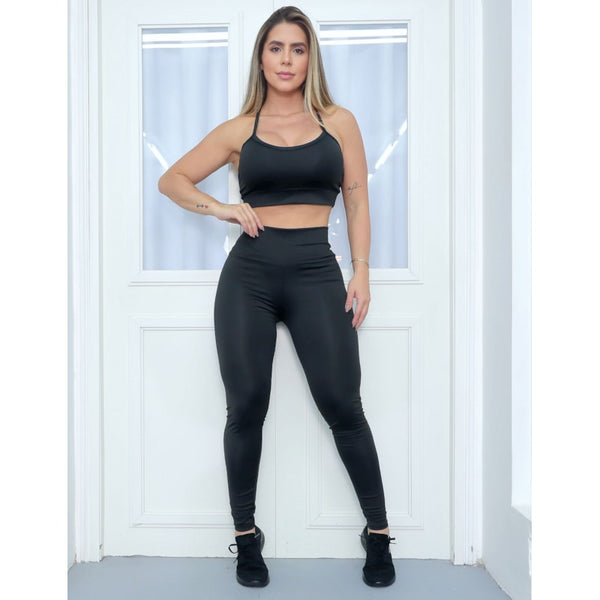Conjunto Fitness Feminino com Cropped de Alcinhas e Calça Cintura Alta Colors