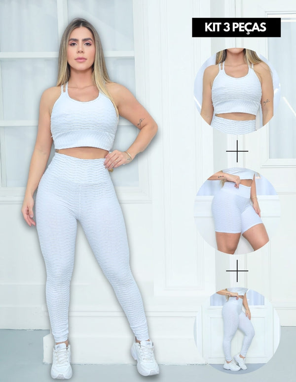 Trio Feminino Fitness Bolha com Top Alcinha + Calça Legging e Short Cintura Alta Treino