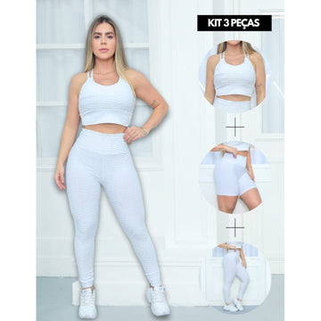 Trio Feminino Fitness Bolha com Top Alcinha + Calça Legging e Short Cintura Alta Treino