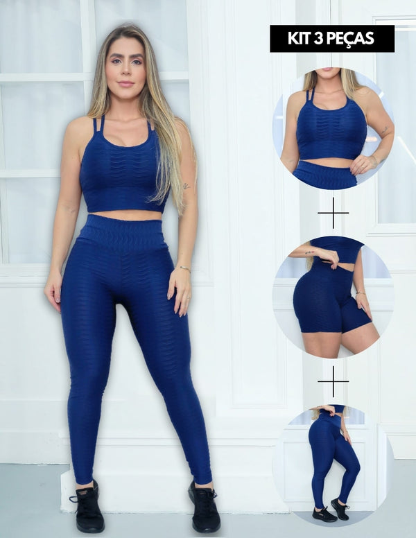 Trio Feminino para Academia Top com Bojo Removível Calça e Short Cintura Alta Tecido Bolha